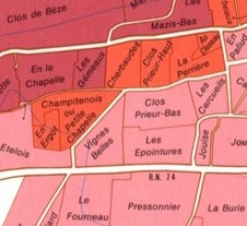Clos Prieur Bas in the center of the map sits in deep marl (loose, earthy deposits that are a mixture of clay and calcium carbonate) over a Combanchien Limestone base.