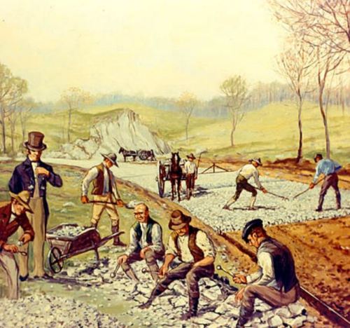 This painting depicts Macadamized road construction which would not come until later in the early to mid 1800's.